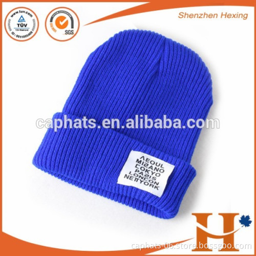 Embroidery logo Kinitted Hat Blue Acrylic Beanie Cap With Woven Label
